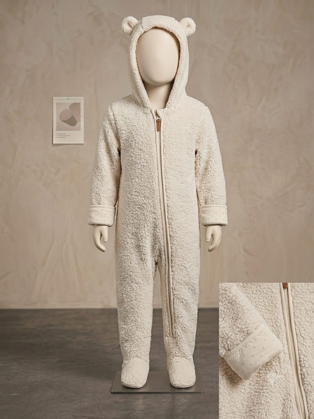 H&M Cream Plush Footed Baby One-Piece with Hood